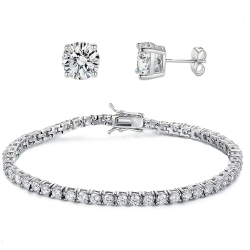18k Rhodium Electro-Plated Tennis Bracelet & Earring Lab Created Cubic Zirconia